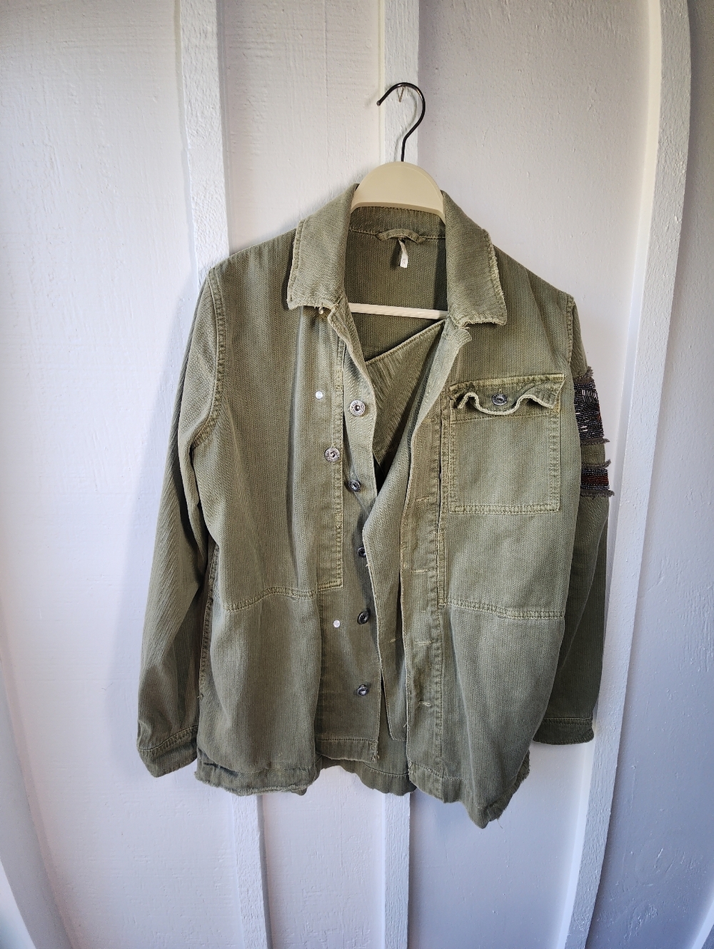 Free People Embellished Military Shirt Jacket Army Beaded Patch Green size XS